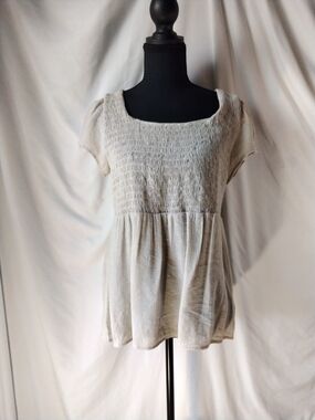 Smocked Square Neck Short Sleeve Top in Light Beige